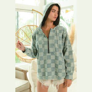 BIBI Checkered Denim Half Zip Pullover Hoodie